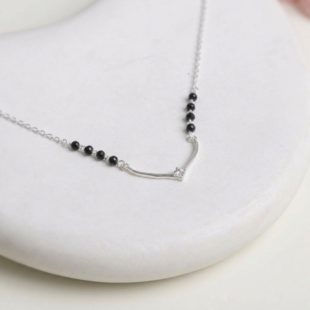 Lightweight V Curve Silver Mangalsutra Necklace