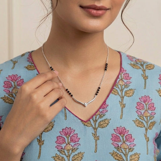Lightweight V Curve Silver Mangalsutra Necklace