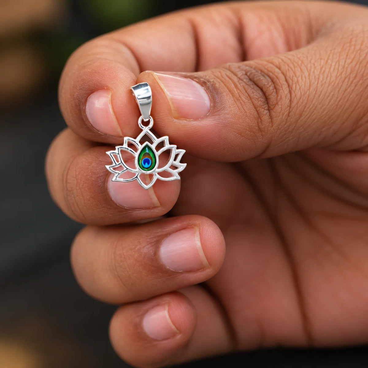  Lotus Pendant with Peacock Feather Design
