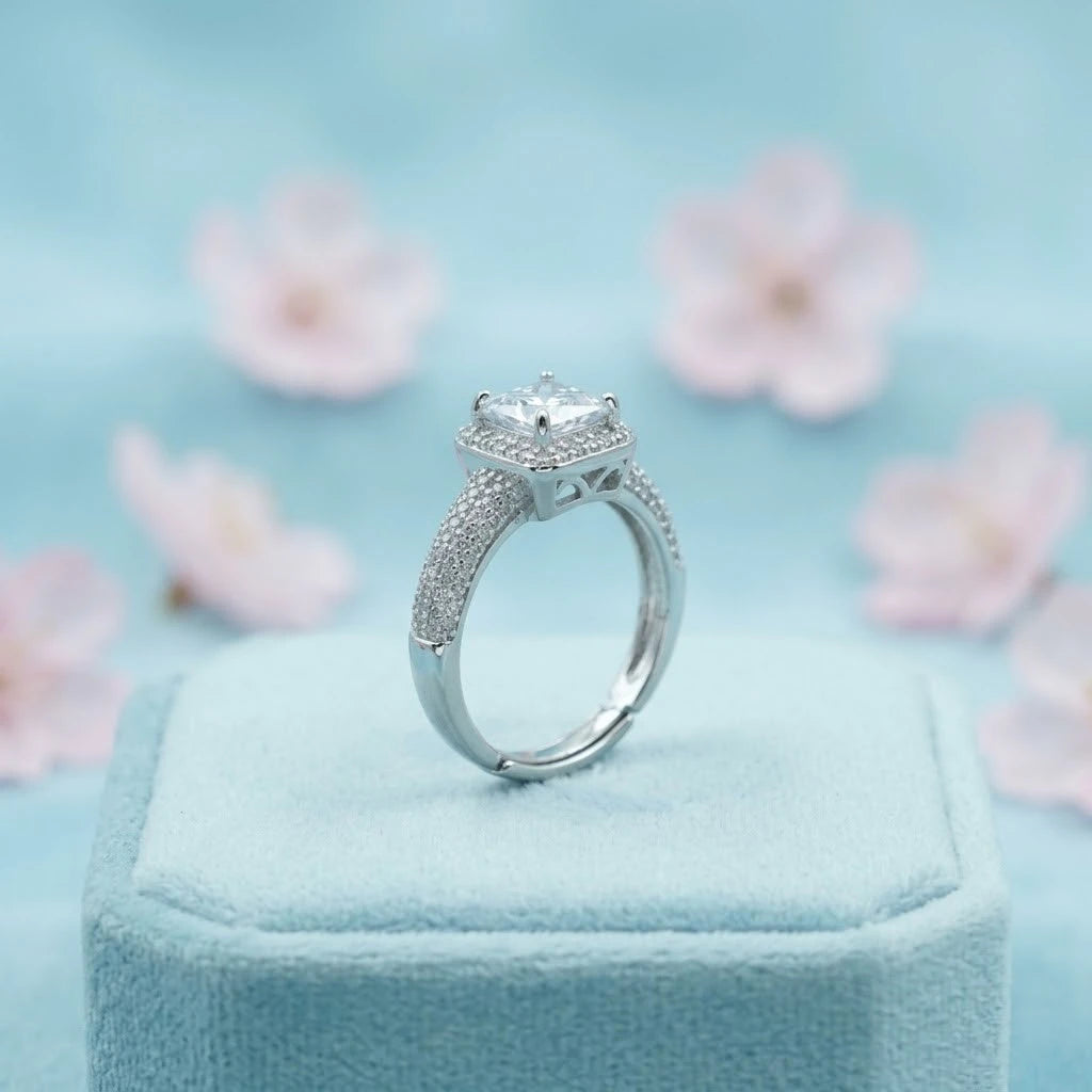 Luxury Cushion-Cut Halo Engagement Ring with Pave Band (925 Sterling Silver)