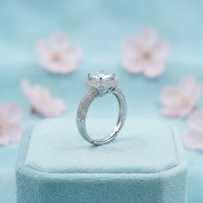 Luxury Cushion-Cut Halo Engagement Ring with Pave Band (925 Sterling Silver)