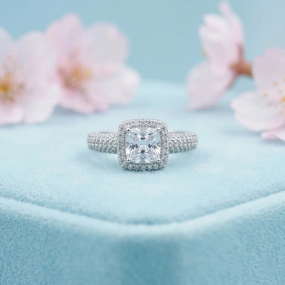 Luxury Cushion-Cut Halo Engagement Ring with Pave Band (925 Sterling Silver)