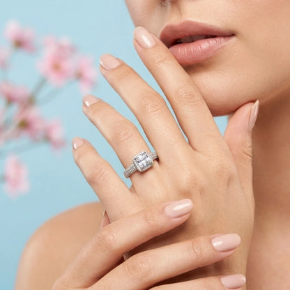 Luxury Cushion-Cut Halo Engagement Ring with Pave Band (925 Sterling Silver)