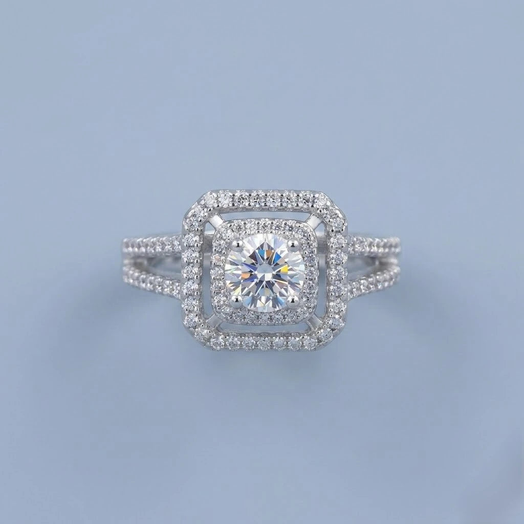 Luxury Double Halo Cushion-Cut Crystal Engagement Ring with Split Shank