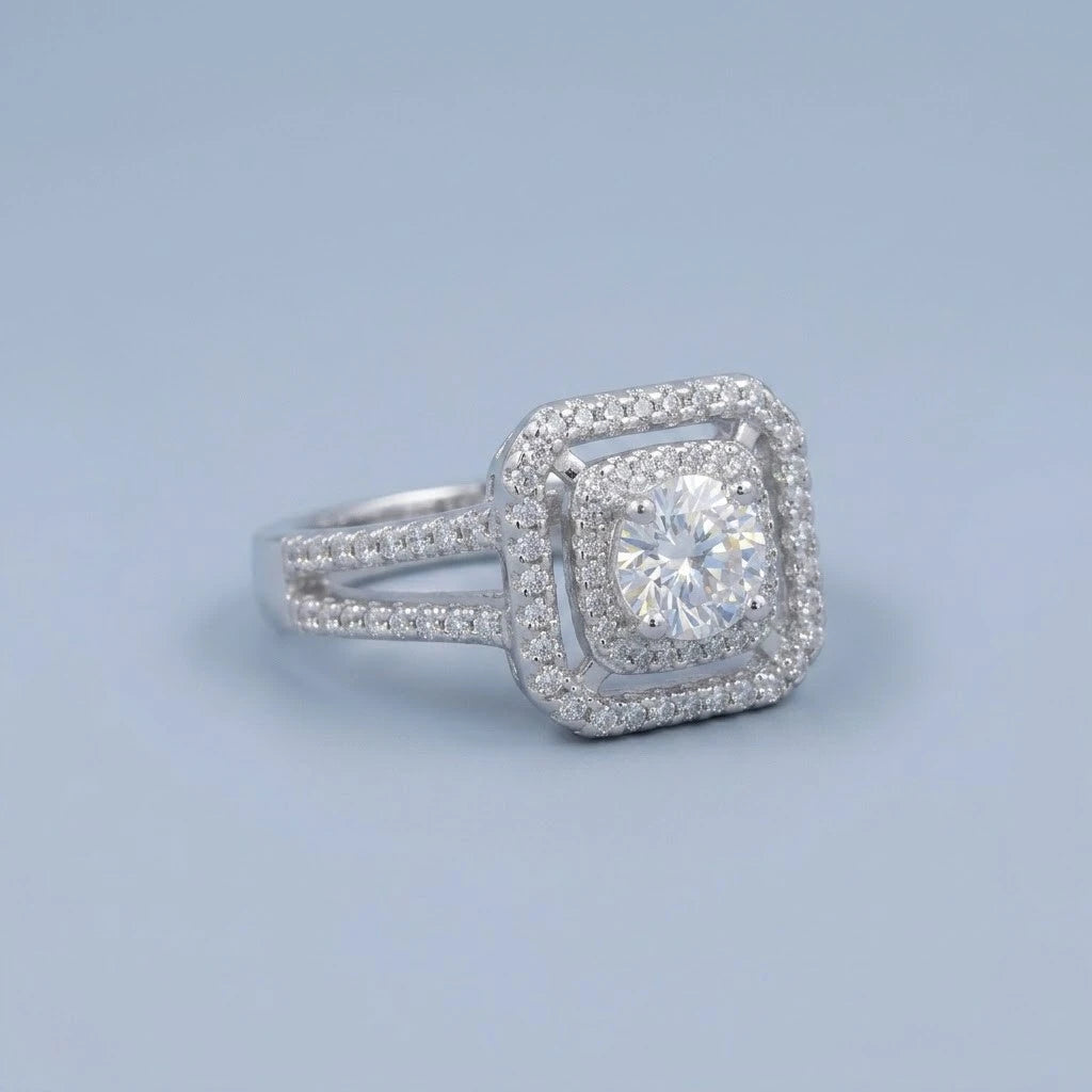 Luxury Double Halo Cushion-Cut Crystal Engagement Ring with Split Shank