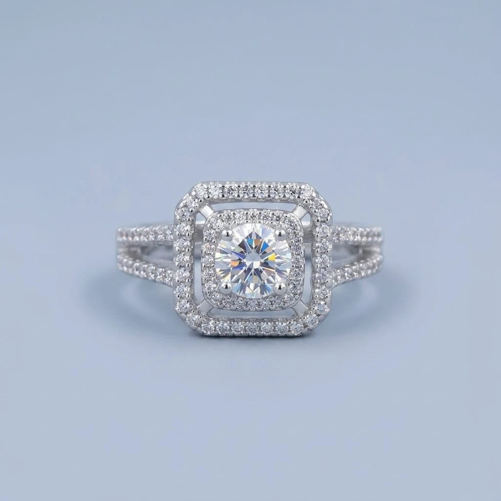 Luxury Double Halo Cushion-Cut Crystal Engagement Ring with Split Shank
