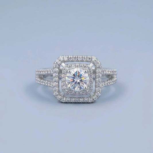 Luxury Double Halo Cushion-Cut Crystal Engagement Ring with Split Shank