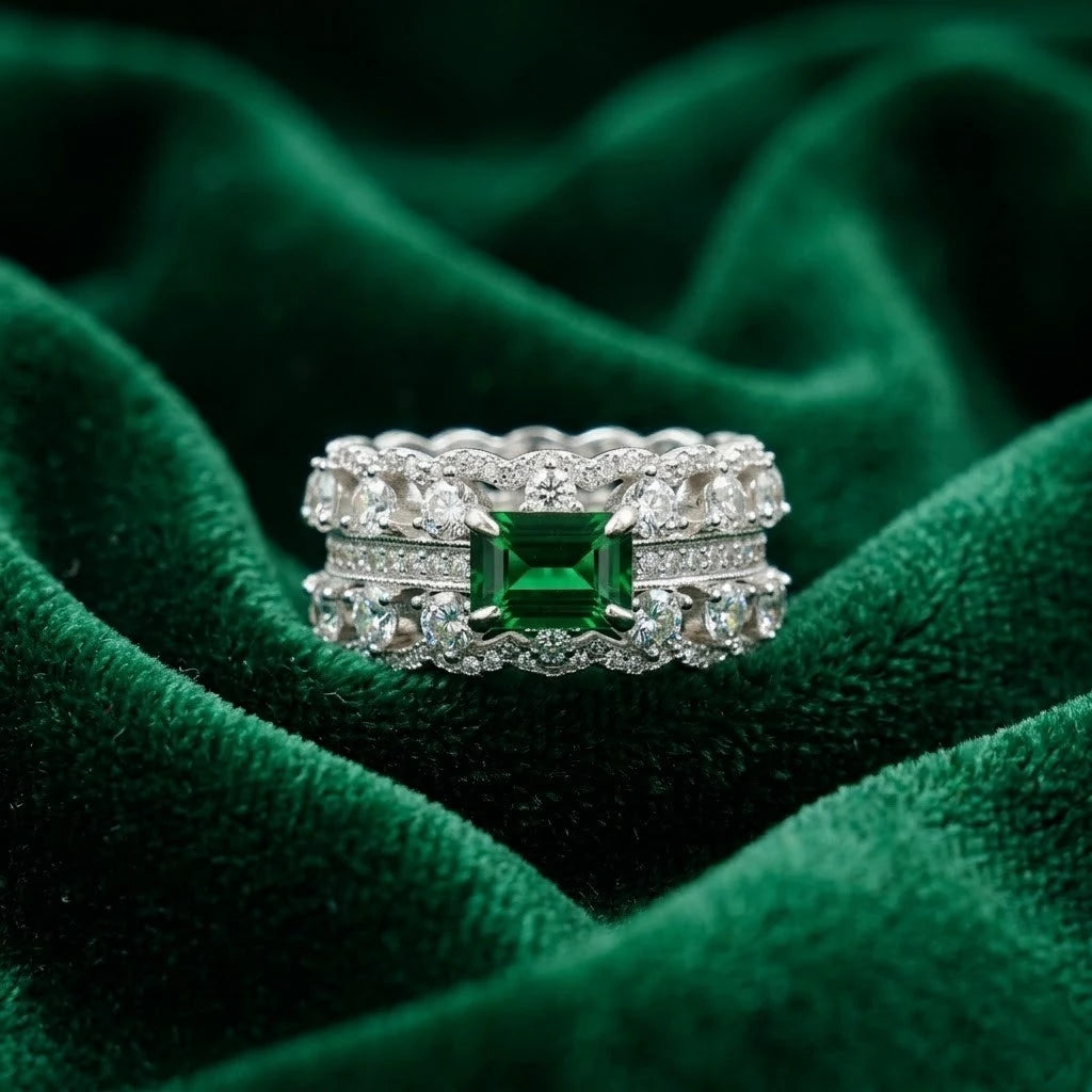 Luxury Emerald Cut Green Stone Diamond Eternity Ring for Women