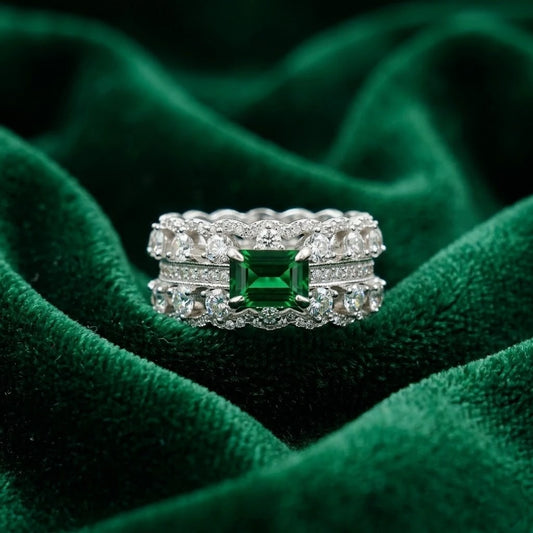 Luxury Emerald Cut Green Stone Diamond Eternity Ring for Women