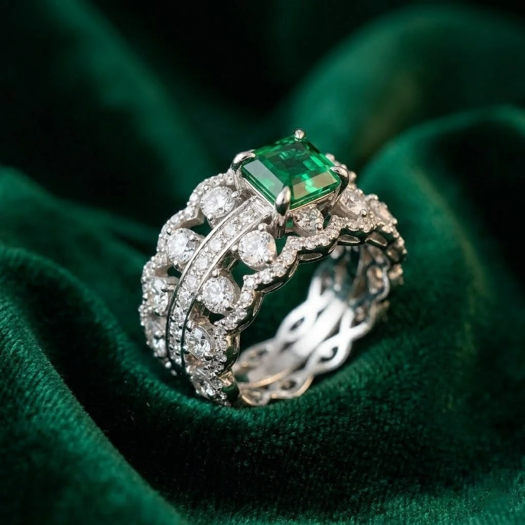 Luxury Emerald Cut Green Stone Diamond Eternity Ring for Women