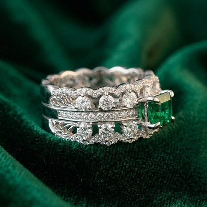 Luxury Emerald Cut Green Stone Diamond Eternity Ring for Women