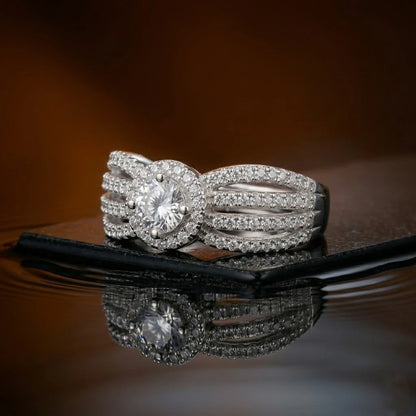 Luxury Halo Diamond Multi-Band Engagement Ring (Split Shank Design)