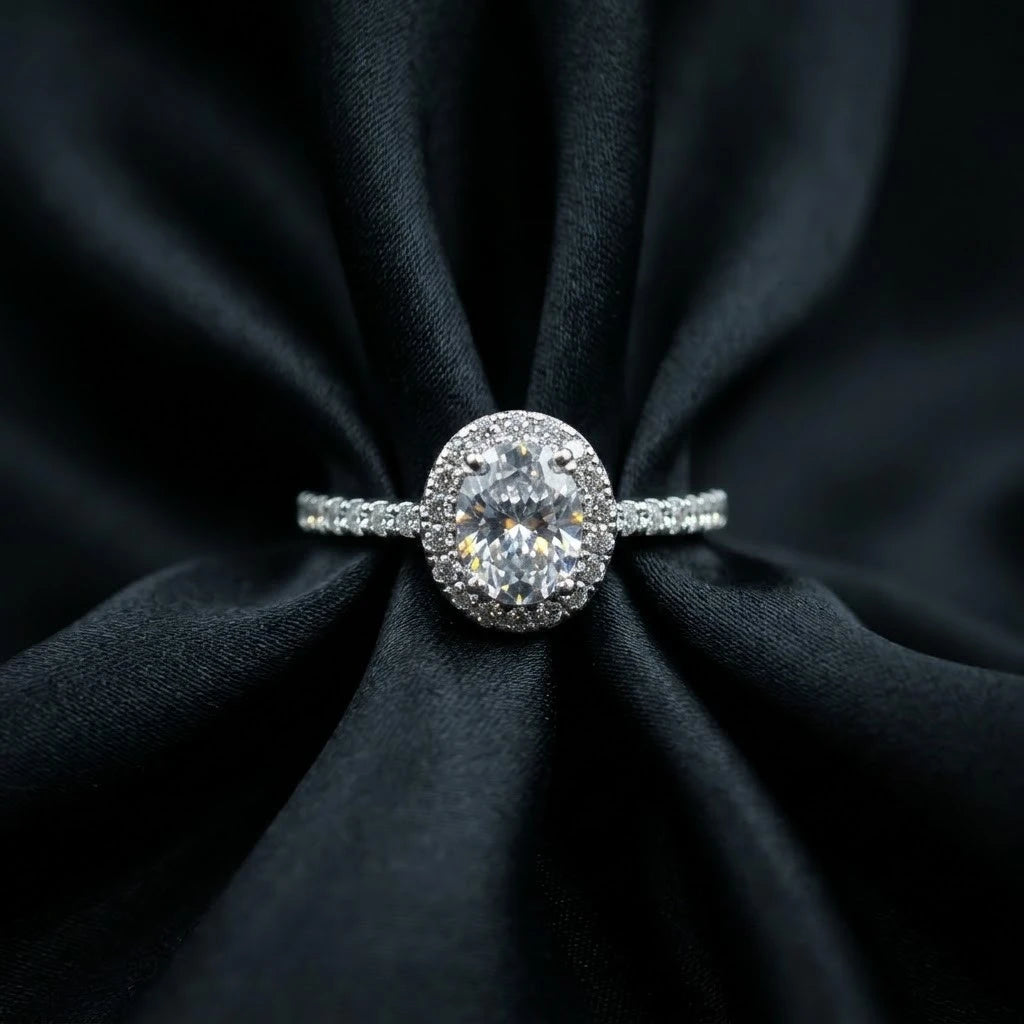 Luxury Oval Halo Diamond Ring with Pavé Band – Elegant Silver Tone Statement Ring
