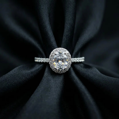 Luxury Oval Halo Diamond Ring with Pavé Band – Elegant Silver Tone Statement Ring
