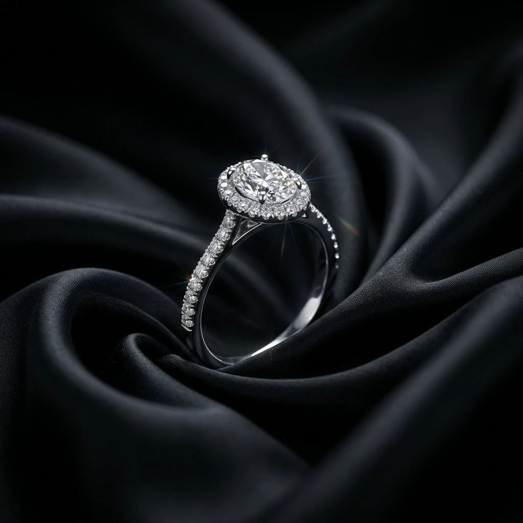 Luxury Oval Halo Diamond Ring with Pavé Band – Elegant Silver Tone Statement Ring