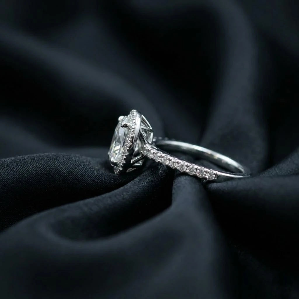 Luxury Oval Halo Diamond Ring with Pavé Band – Elegant Silver Tone Statement Ring