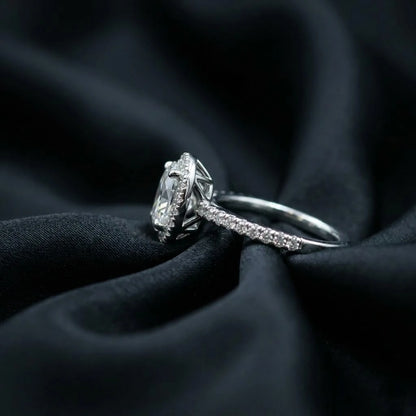 Luxury Oval Halo Diamond Ring with Pavé Band – Elegant Silver Tone Statement Ring