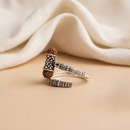 Mahadev Trishul Rudraksha Silver Spiral Ring