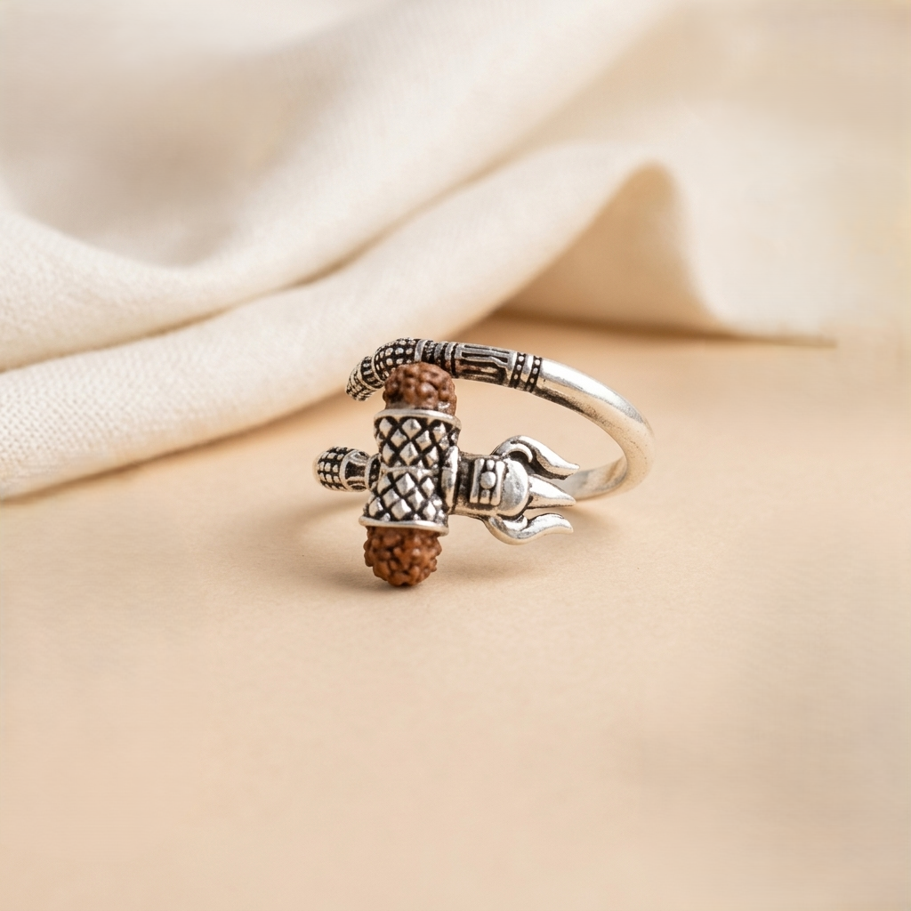 Mahadev Trishul Rudraksha Silver Spiral Ring