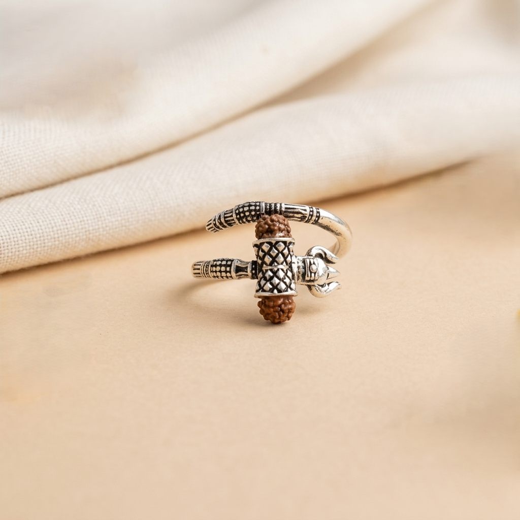 Mahadev Trishul Rudraksha Silver Spiral Ring