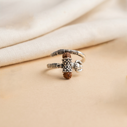 Mahadev Trishul Rudraksha Silver Spiral Ring
