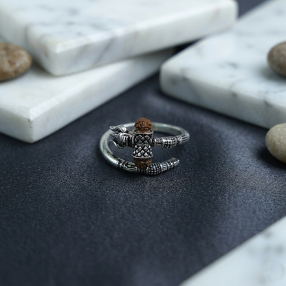 Mahadev Trishul Rudraksha Silver Spiral Ring