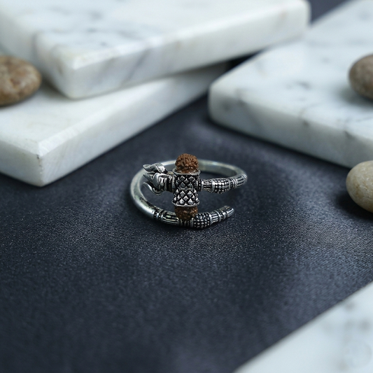 Mahadev Trishul Rudraksha Silver Spiral Ring