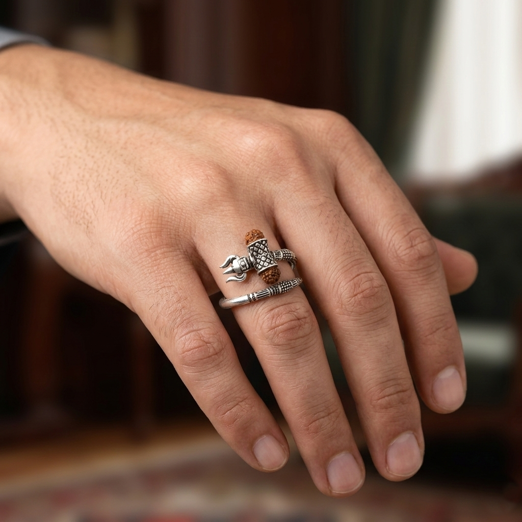 Mahadev Trishul Rudraksha Silver Spiral Ring