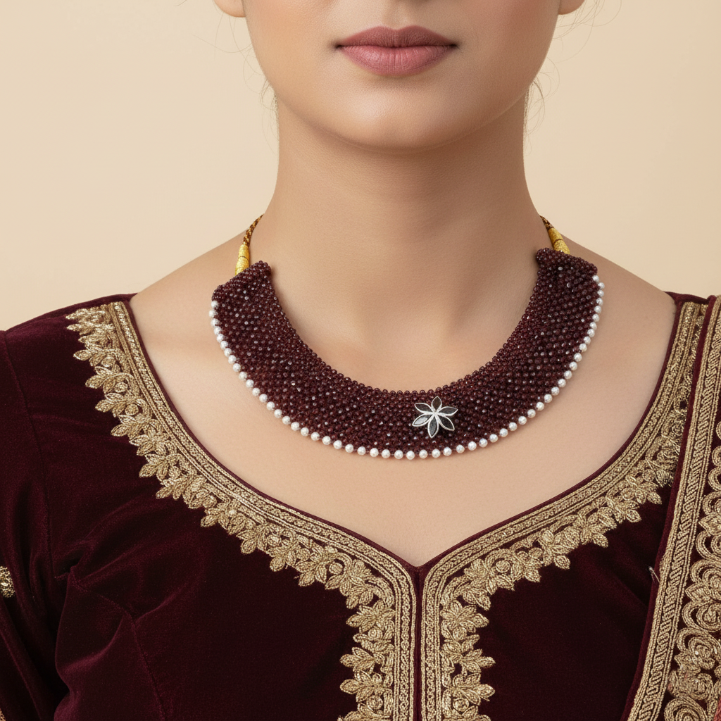 Maroon Chatai Necklace with Silver Flower Pendant & Pearl Border