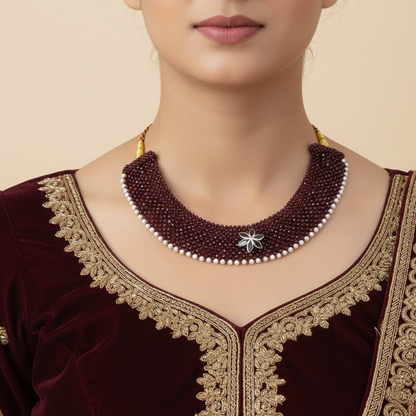 Maroon Chatai Necklace with Silver Flower Pendant & Pearl Border
