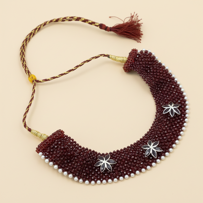 Maroon Chatai Necklace with Three Silver Flower Charms & Pearl Border