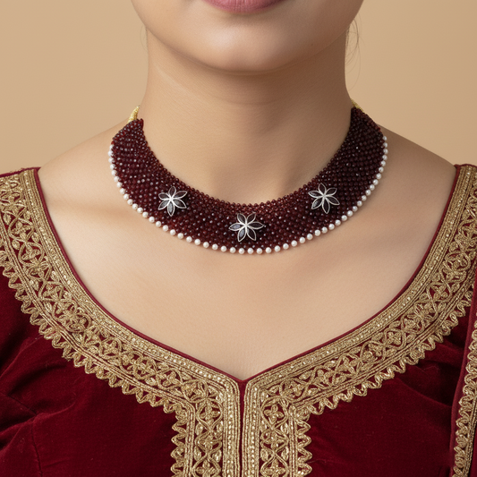 Maroon Chatai Necklace with Three Silver Flower Charms & Pearl Border