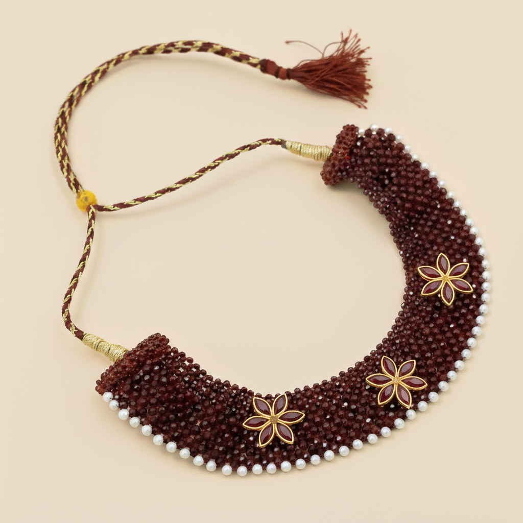 Maroon Chatai Necklace with Three Silver Flower Charms & Pearl Border