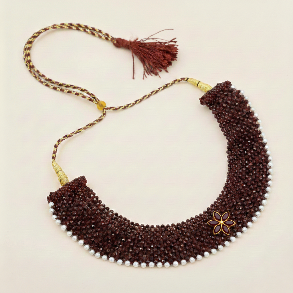 Maroon Chatai Necklace with Silver Flower Pendant & Pearl Border