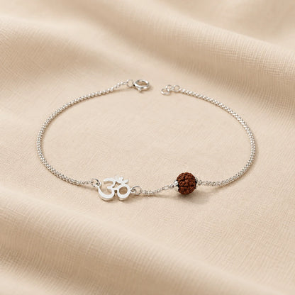 Men’s Silver Rudraksha Bracelet Om Symbol Adjustable