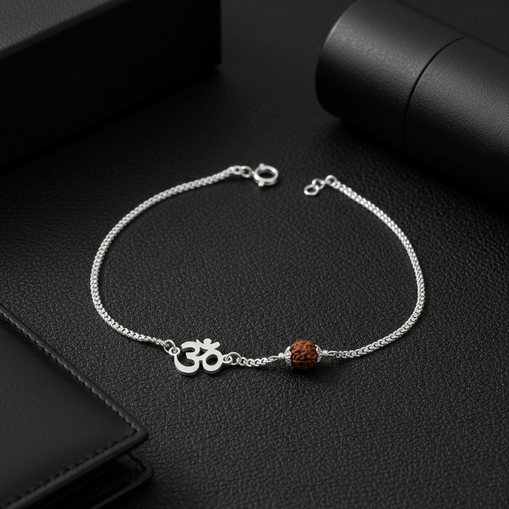 (2 Pcs ₹1999) Men’s Silver Rudraksha Bracelet Om Symbol Adjustable