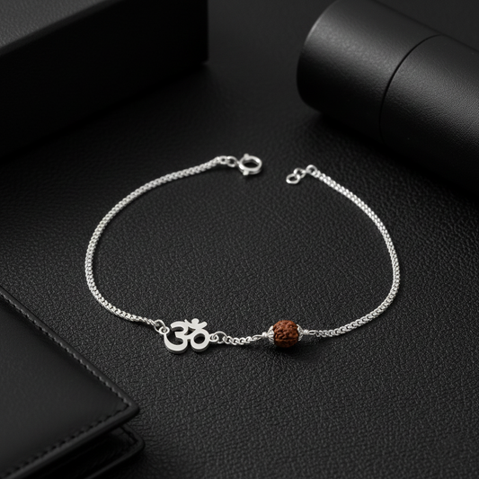 Men’s Silver Rudraksha Bracelet Om Symbol Adjustable