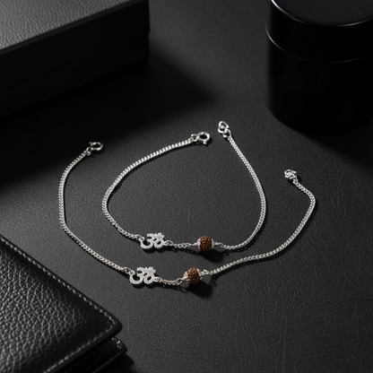 (2 Pcs ₹1999) Men’s Silver Rudraksha Bracelet Om Symbol Adjustable