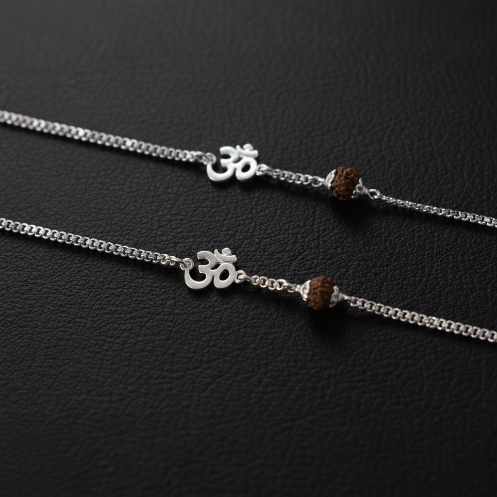 (2 Pcs ₹1999) Men’s Silver Rudraksha Bracelet Om Symbol Adjustable