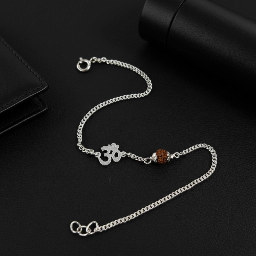 (2 Pcs ₹1999) Men’s Silver Rudraksha Bracelet Om Symbol Adjustable