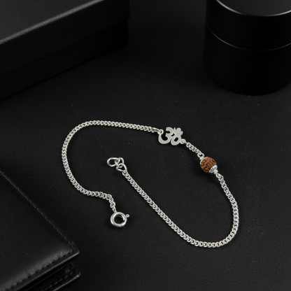 (2 Pcs ₹1999) Men’s Silver Rudraksha Bracelet Om Symbol Adjustable