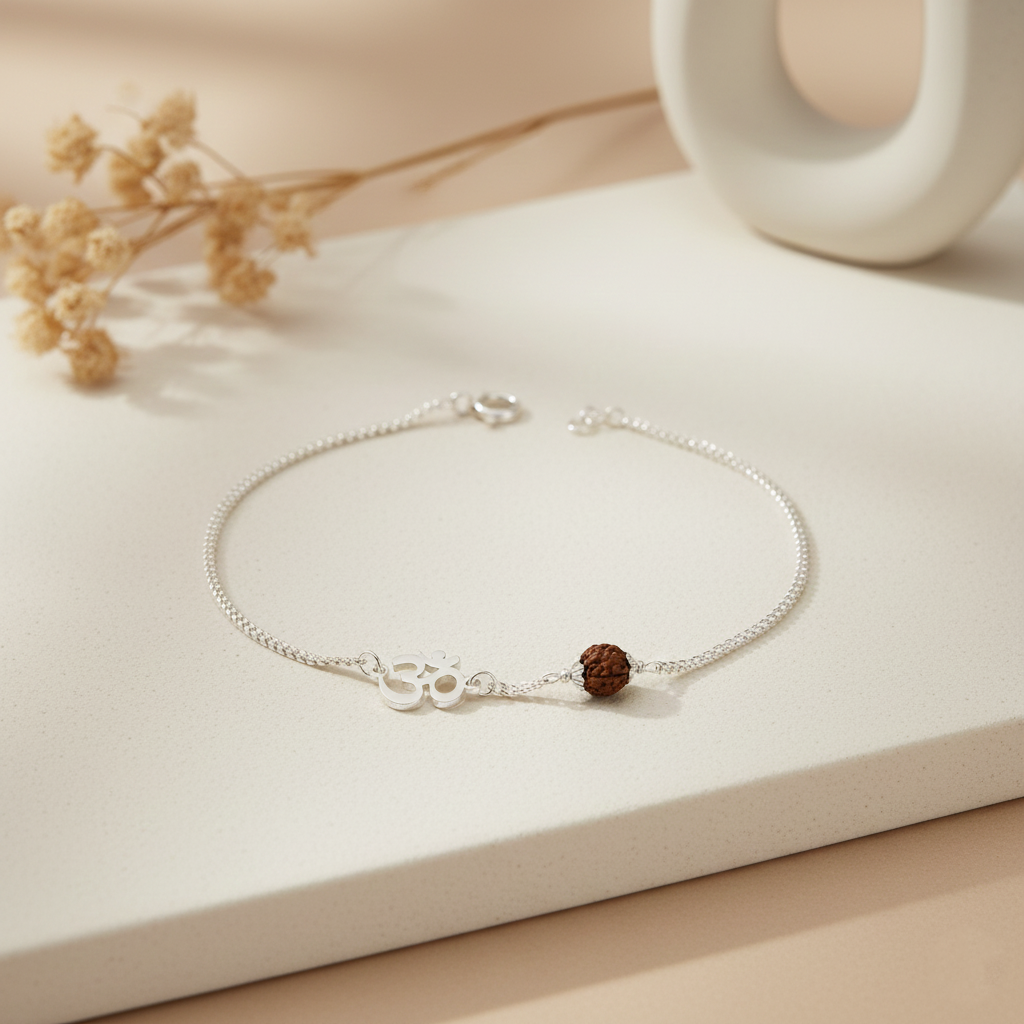 (2 Pcs ₹1999) Men’s Silver Rudraksha Bracelet Om Symbol Adjustable