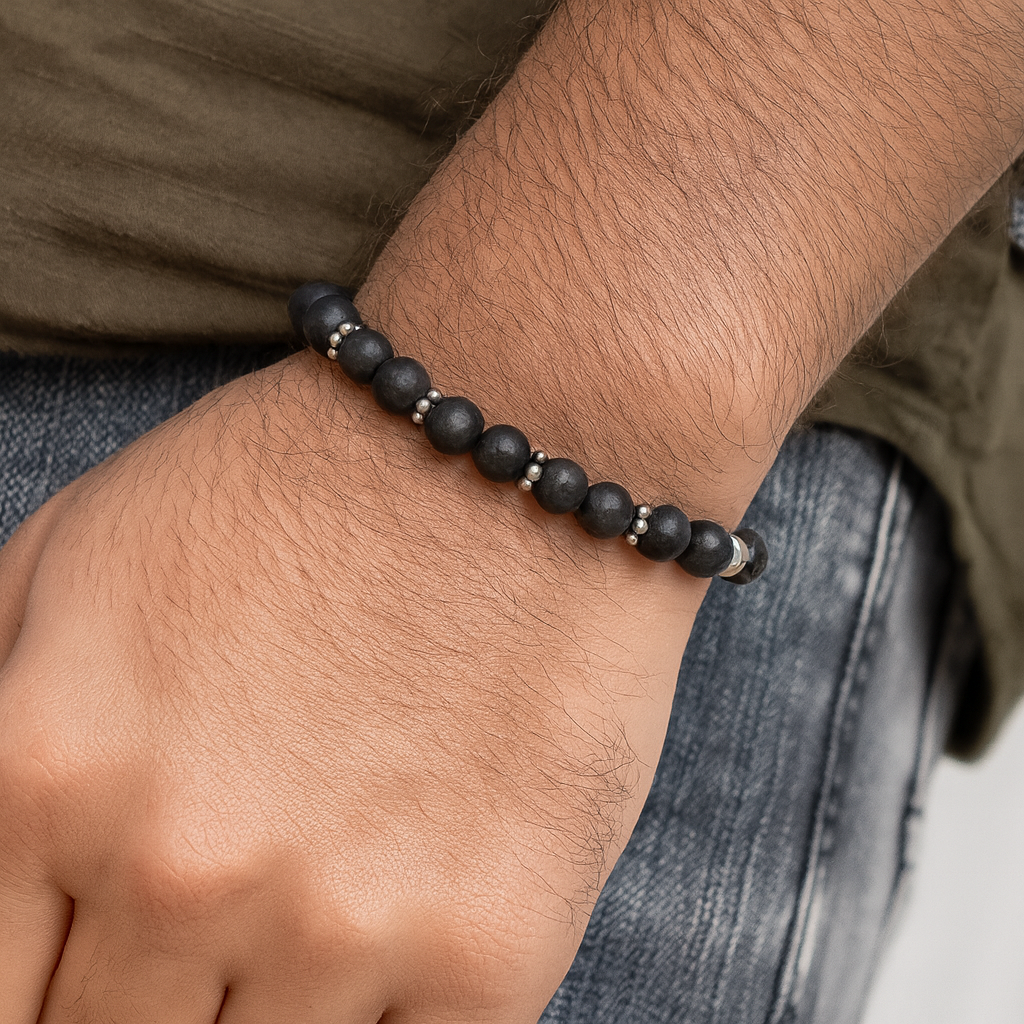 Midnight Aura Black Bead Silver Bracelet