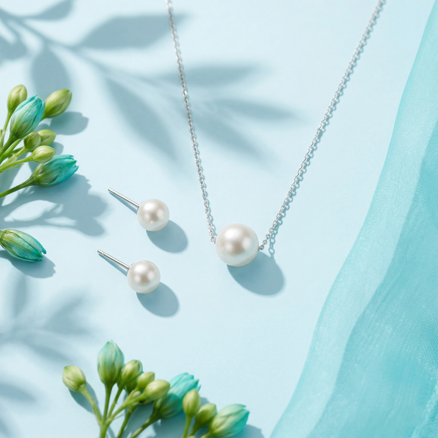 Silver Pearl Stud Earrings with Matching Pearl Pendant Necklace