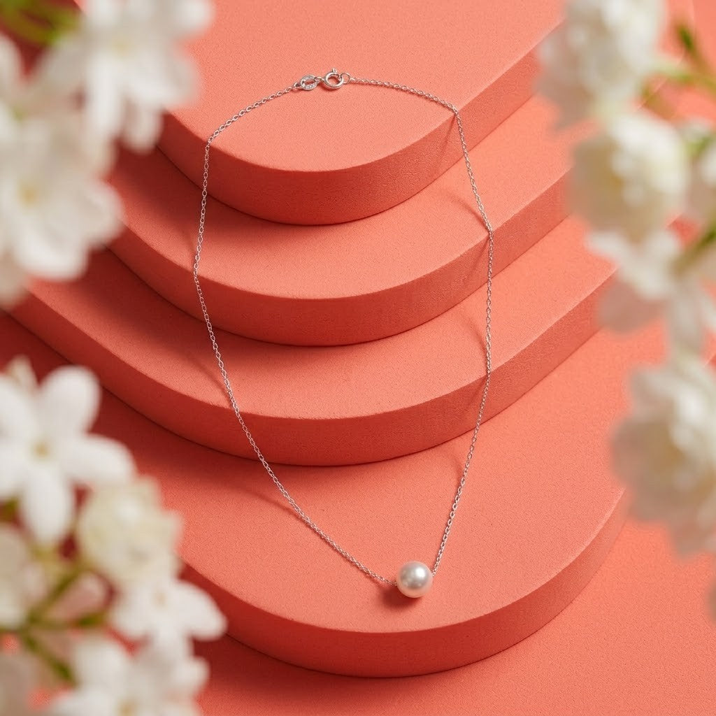 Silver Pearl Stud Earrings with Matching Pearl Pendant Necklace