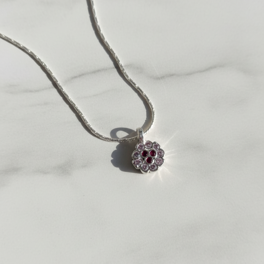 Minimal Silver Floral Pendant with Ruby Touch