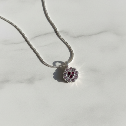 Minimal Silver Floral Pendant with Ruby Touch
