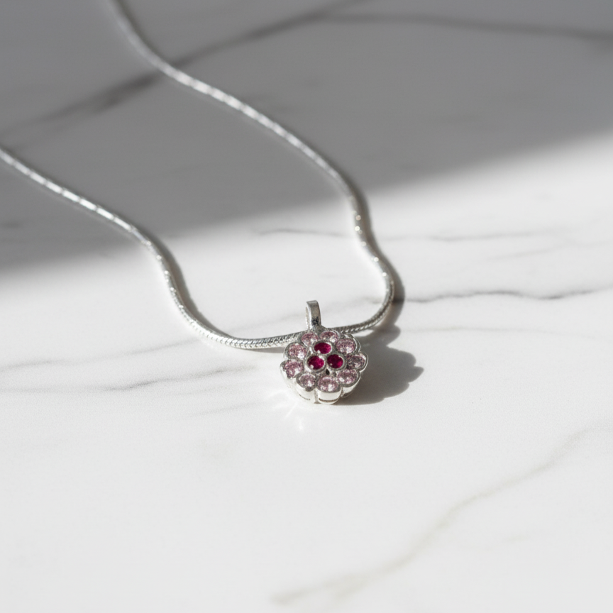Minimal Silver Floral Pendant with Ruby Touch