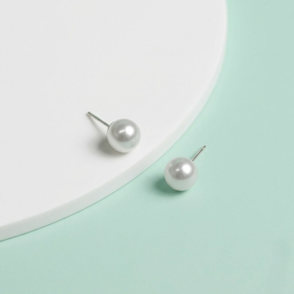 Classic White Pearl Stud Silver Earrings