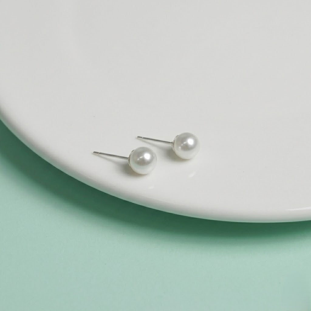 Classic White Pearl Stud Silver Earrings